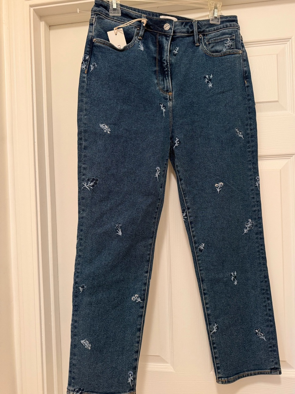 DRIFTWOOD Dark Blue Straight-Leg Jeans with White Floral Embroidery